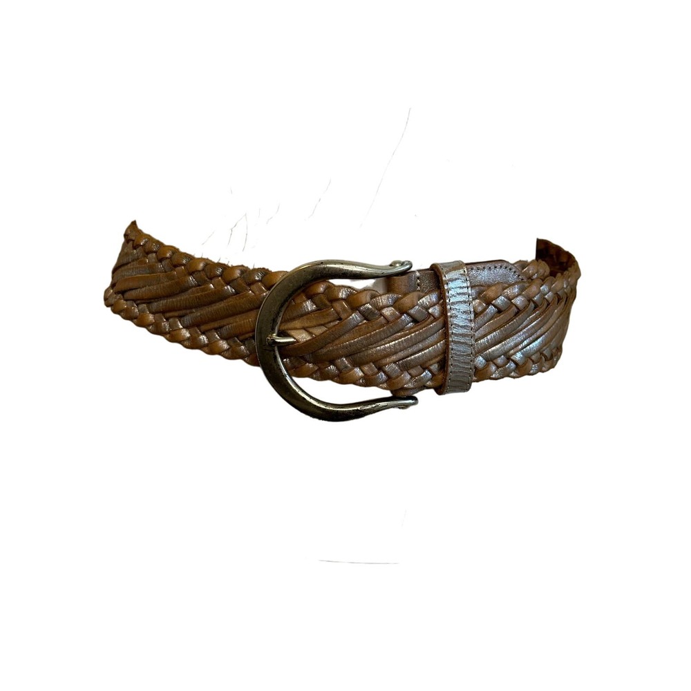 Linea Pelle Tan Silver Gold Metallic Braided Leather Belt sz M 41" - Picture 5 of 11